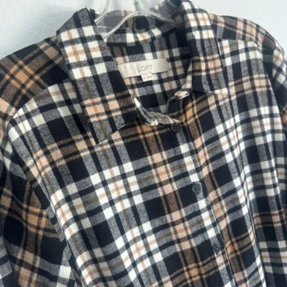Loft Plaid Long Sleeve Button Down Tie Waist Flannel Shirtdress Women's Size L - Picture 5 of 8
